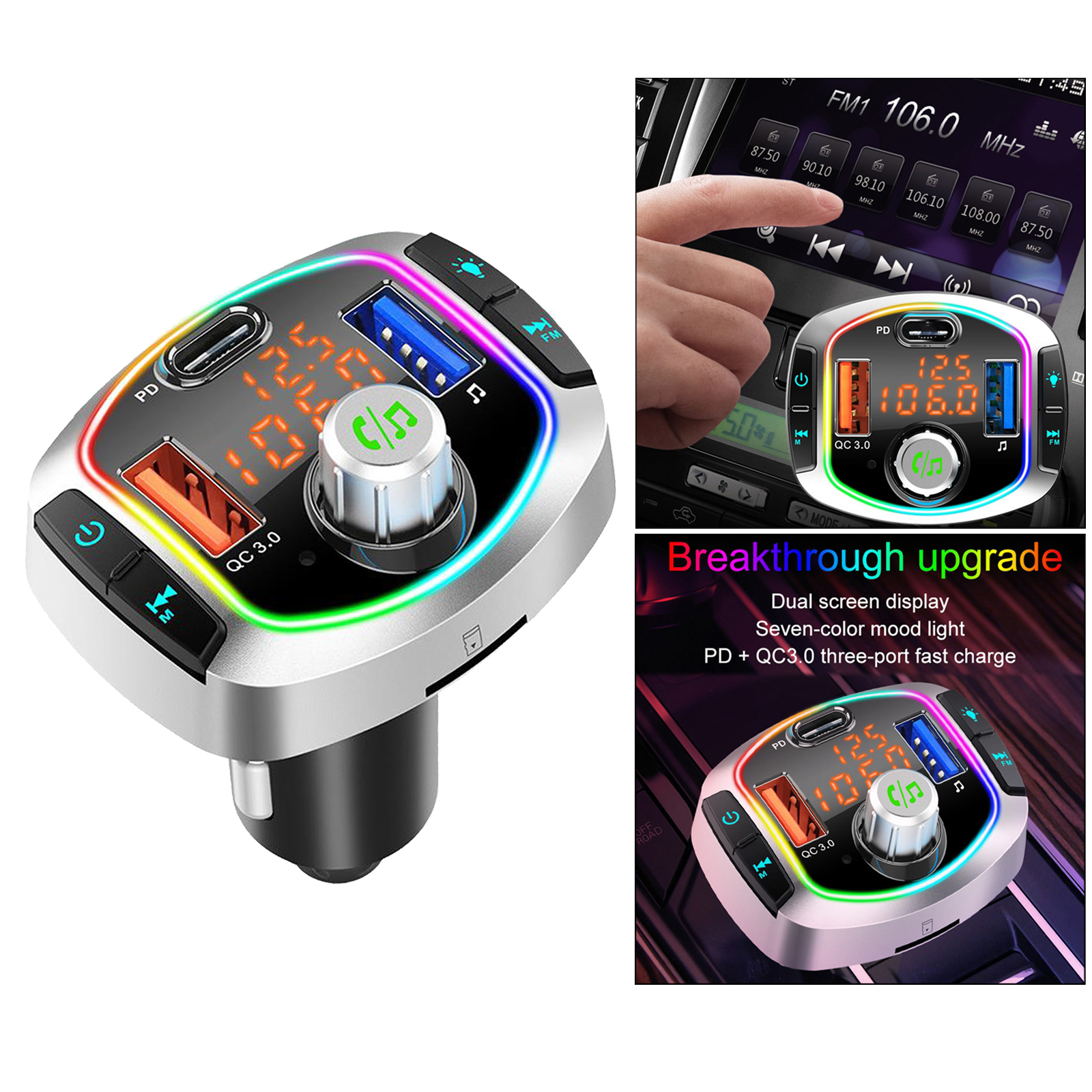 Car Bluetooth V5.0 FM Transmitter PD Fast Charge 6 RGB Color Backlit USB Drive U disk MP3 Player