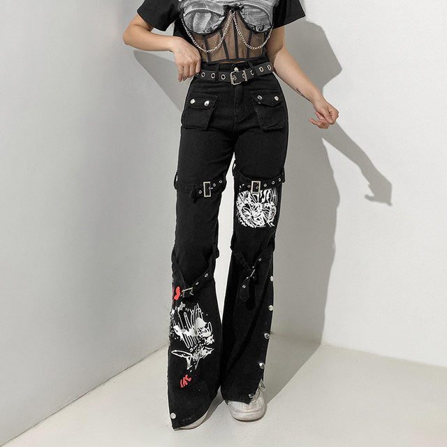 VTG Capri Jeans Y2K Low Rise Flare Cargo Black Goth Fairy Cyber