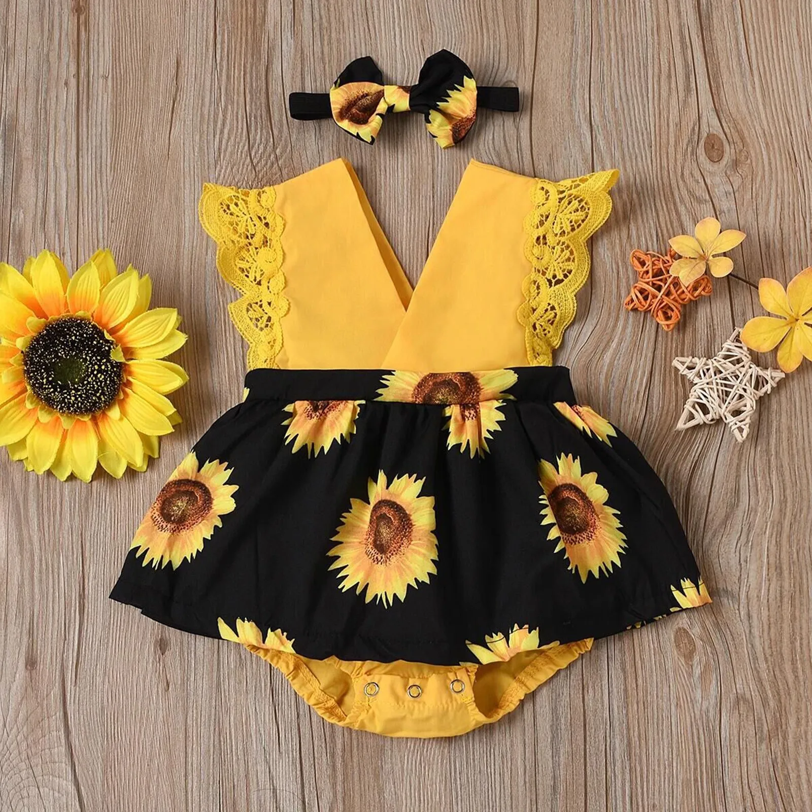 Infant Baby Girls Sleeveless Sunflower Floral Romper Bodysuit Sunsuit Clothes 