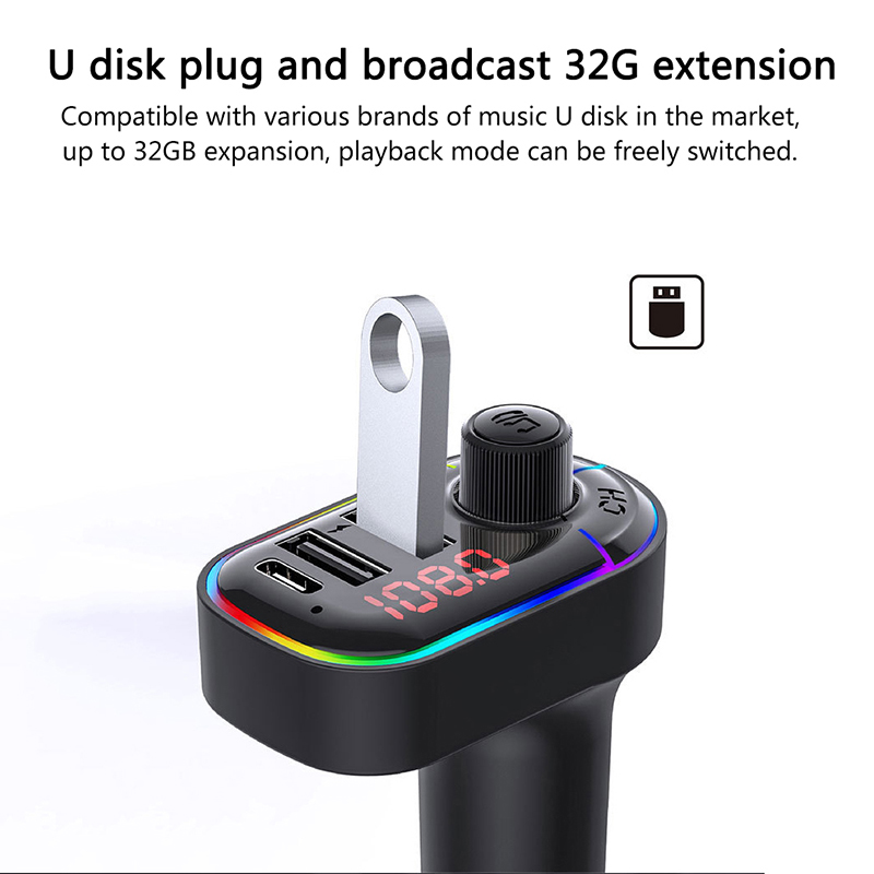 Handsfree do Jogo do Carro do Transmissor de Bluetooth fm com Luz Usb para o Telefone do Carro Jogador Colorida Carregador Duplo 5.0 pd 6 Carregadores de celular