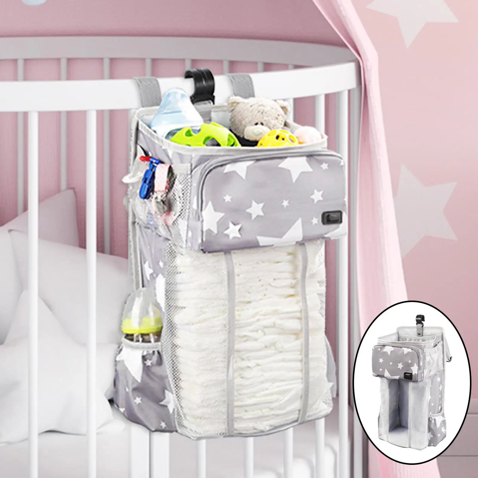 Crib Hanging Bag USB Baby Wipe Warmer Diaper Bottle Wear-Resistant Diaper Caddy for Nursery
