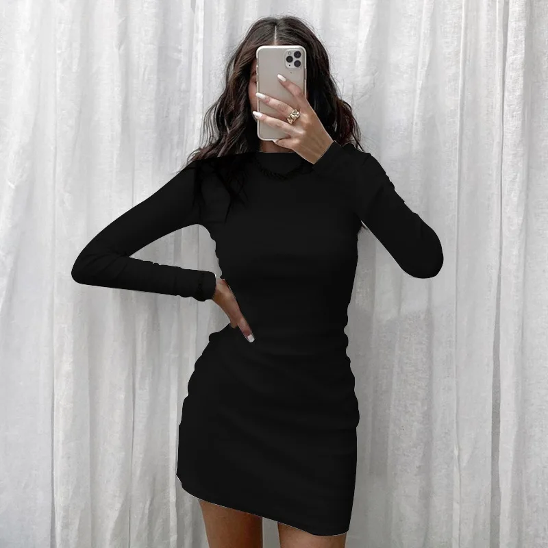 Women's Simple  Long Sleeve Sheath Dress Solid Round Neck Long Sleeve Slim Fit Short Dress Ladies Spring Fall Fashion Clothes