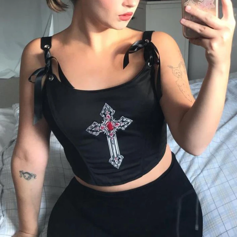 Gothic Cross Print Cami Top Bowknot Strap Corset Bodycon E-girl Grunge Emo Alt Black Slim Fit Crop Top Women Summer Mini Vest