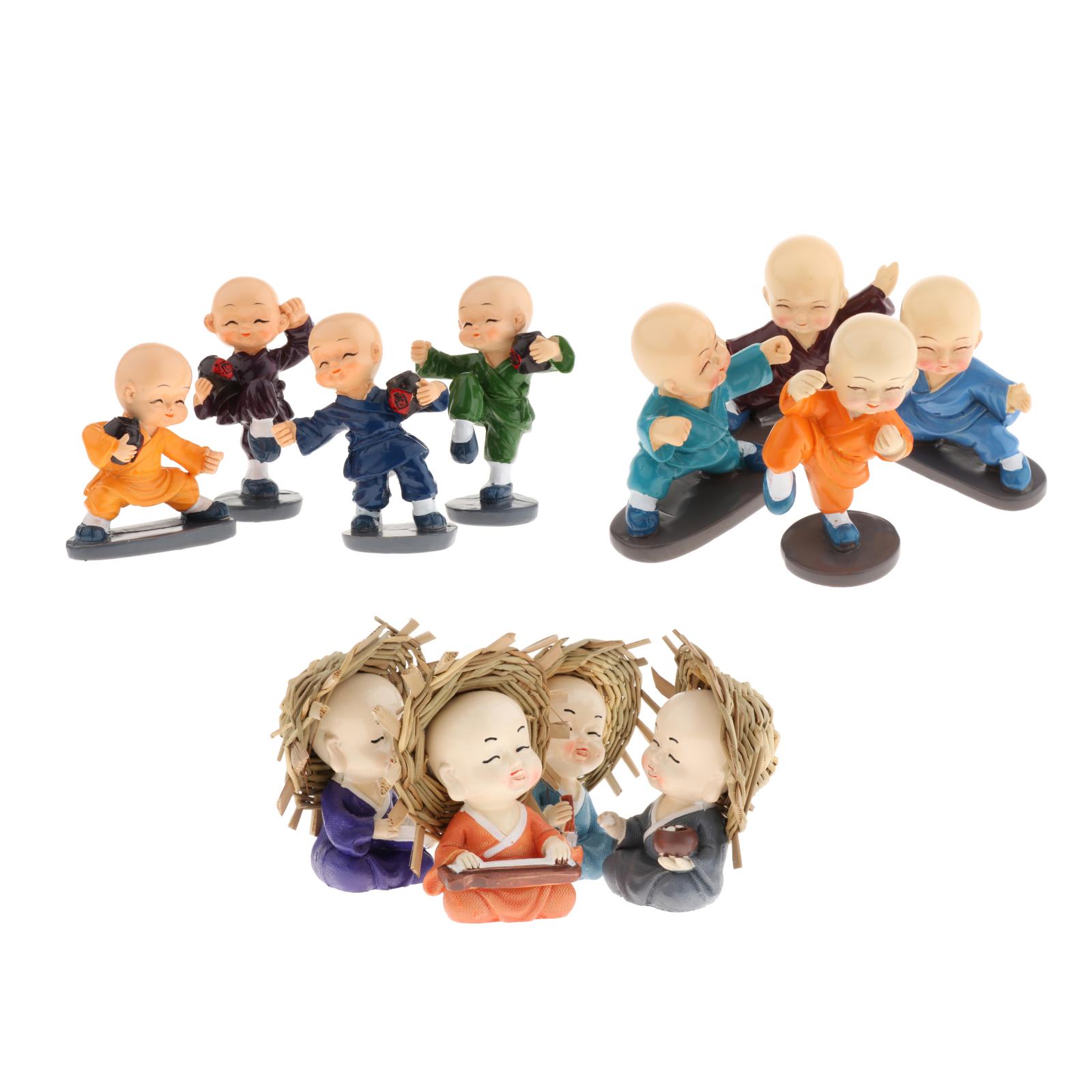 Pack of 4 Small Buddha Monk Statue Figurine Resin Kung Fu Shaolin Monk Statue Home Decor Ornaments