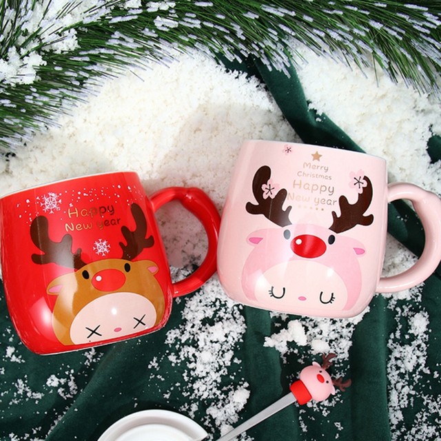 350ml Ceramic Mug Creative Coffee Cup With Lid And Spoon Tea Milk Cups Child  Christmas Elk Mugs Kids Gift Red Pink Couple Cups - AliExpress