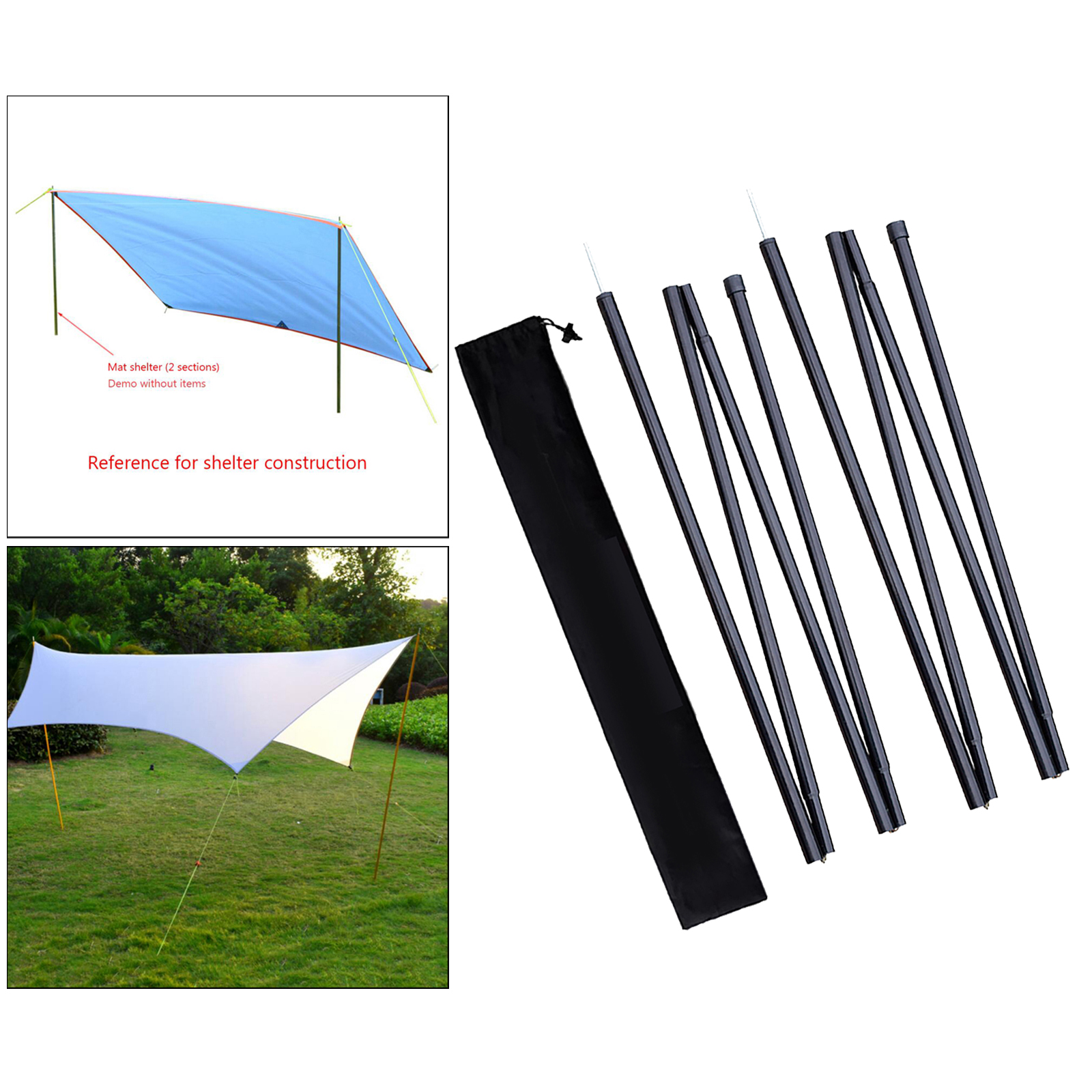 2Pieces Solid Tarp Poles 190cm Camping Backpacking Tent Rod w/ Storage Bag