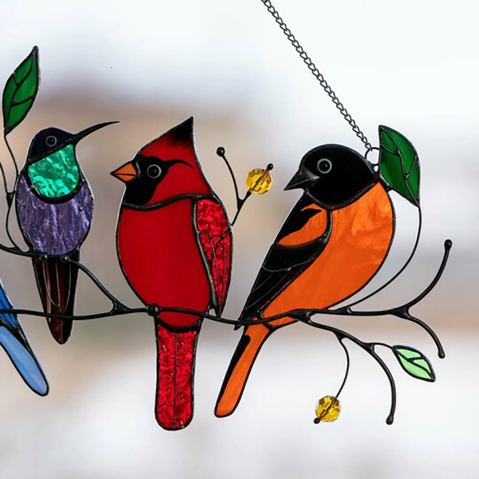 Multicolor Birds on a Wire High Stained Glass Suncatcher Window Panel Pendant NW 