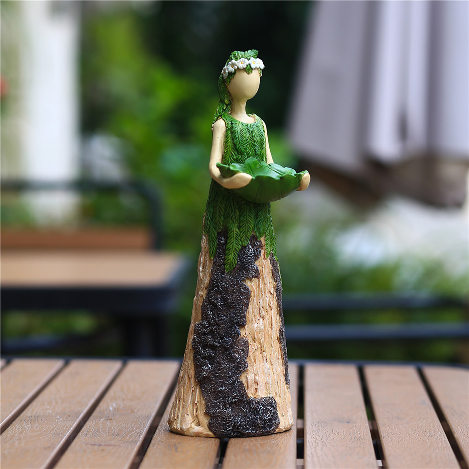 Outdoor Garden Fern Angel Goddess Fairy Statuary with Bird Feeder Resin Ornament 11 inches Tall