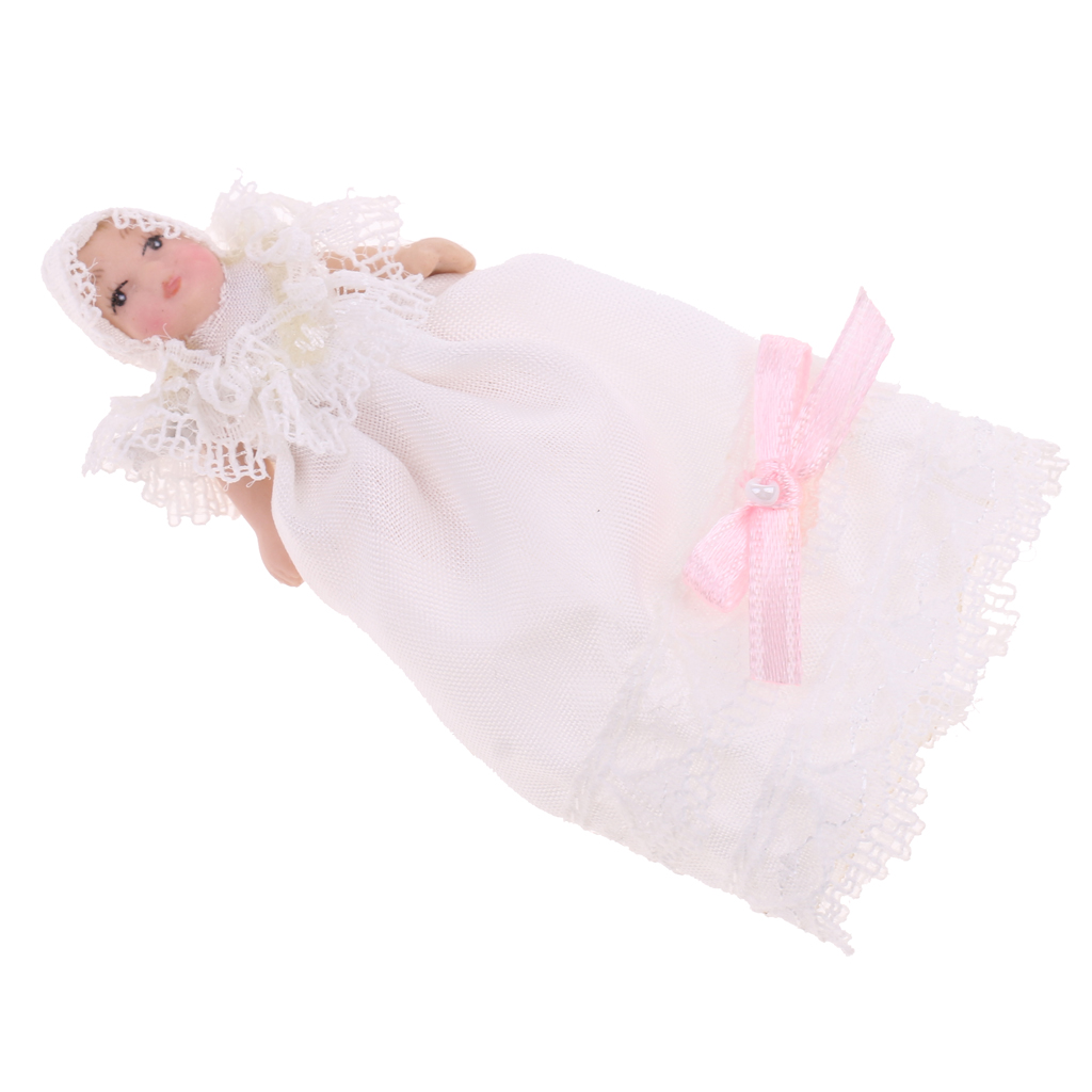 1/12 Scale Dollhouse Miniature People Figures Porcelain Baby Toddler Doll in White Lace Dress Rooms Accessories