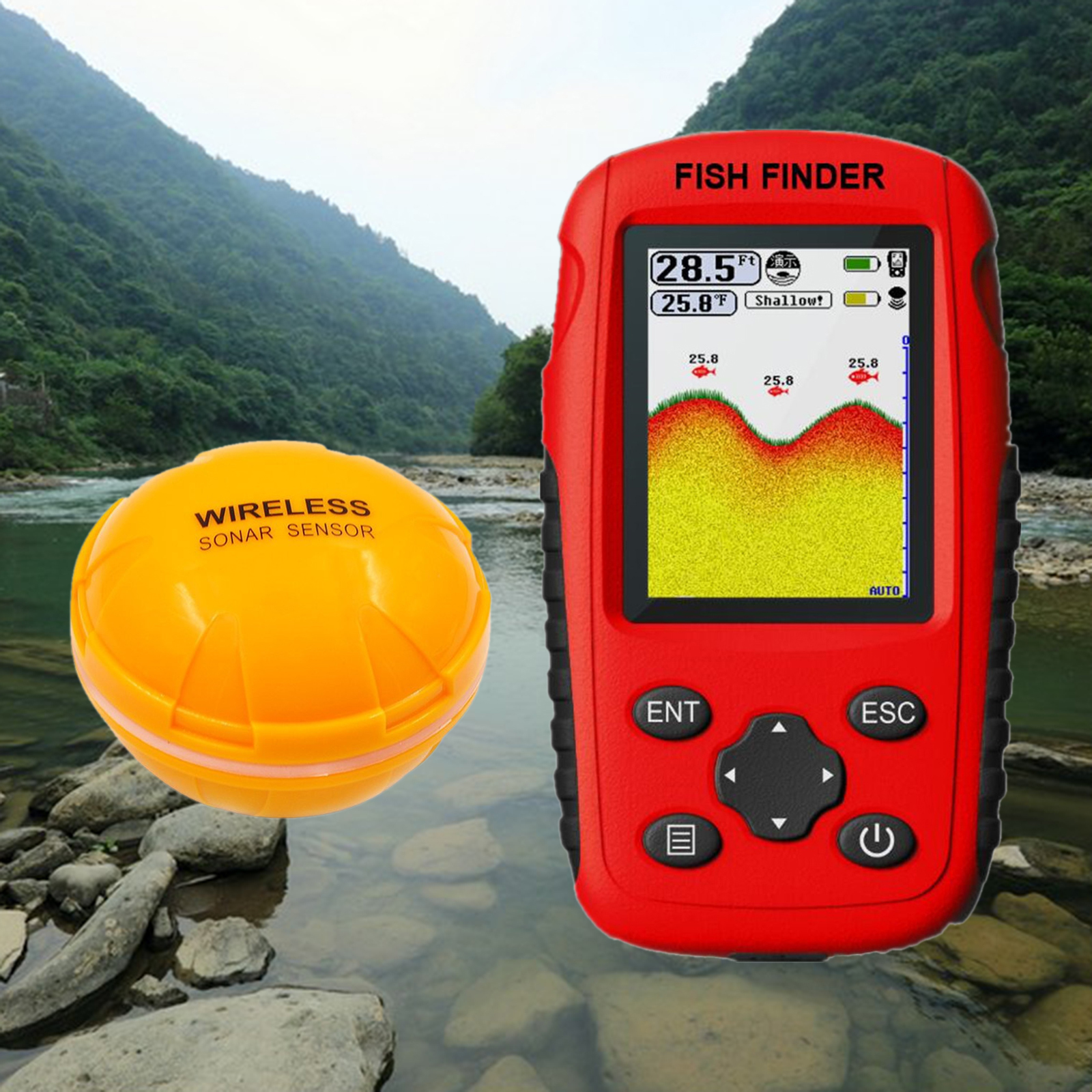 Portable Fish Finder Wireless Sonar Sensor Fishfinder Depth Locator with Fishes Size, Water Temperature, Bottom Contour Display