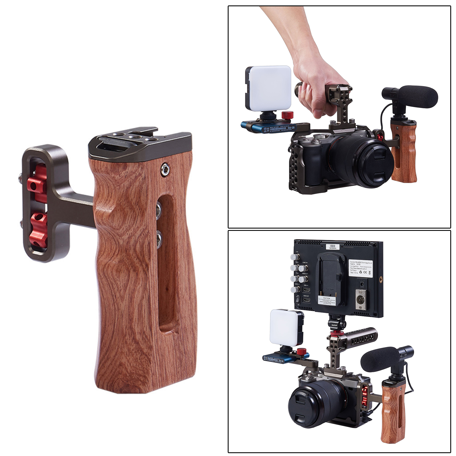 Universal Wood Handle Grip Mount for DV Video Cage Rig w/Cold Shoe 1/4” Thread holes , switch from the left to right quickly.