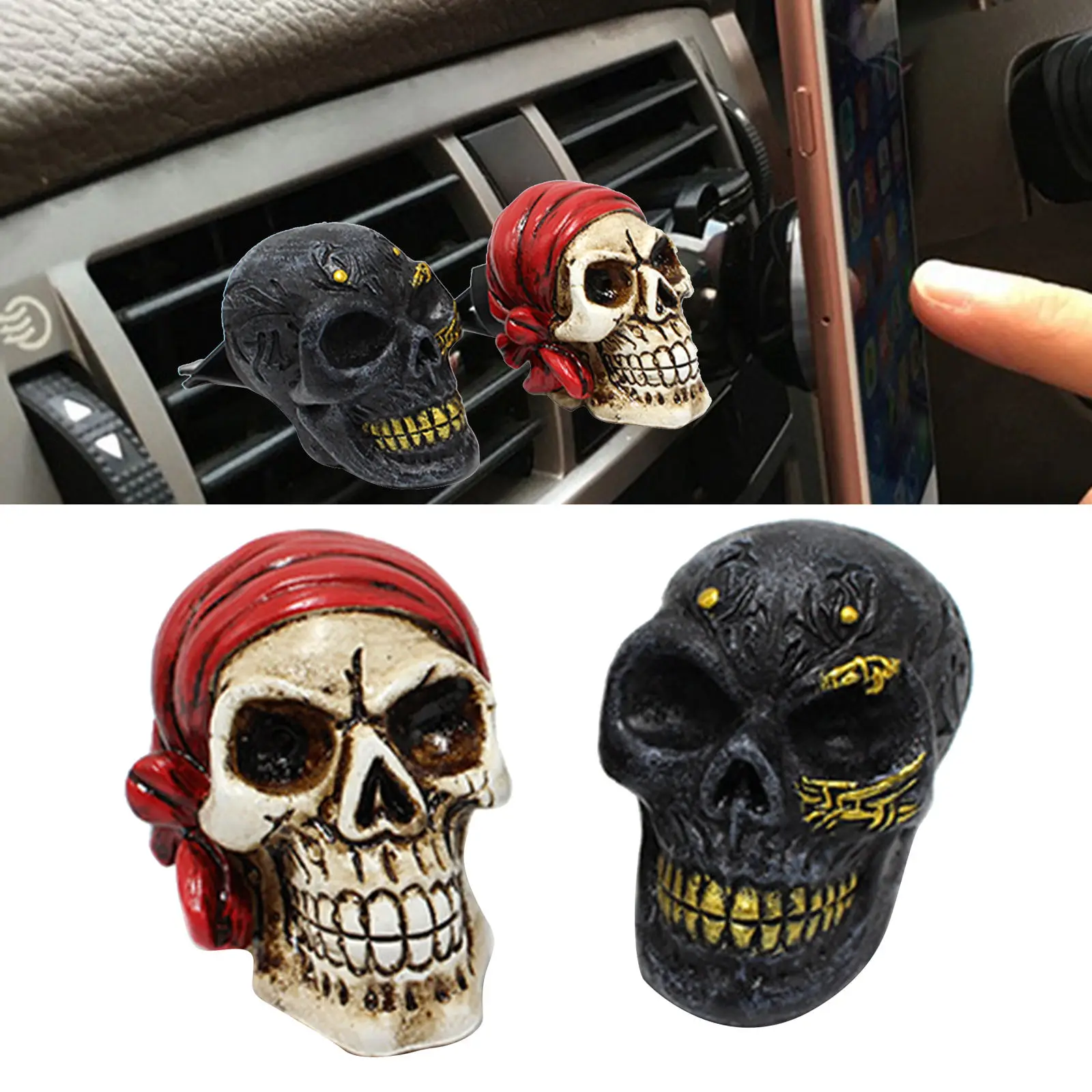 2Pcs Skull Head Car Ornament Figurine Auto Perfume Clip Automotive Interior Decor Miniature Resin Figurines Sitting