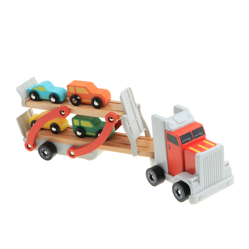 Wooden Double-Deck Car Carrier Transporter with 4 Mini Vehicles for Kids Imaginative Play , 15 x 2.75 x 4.33 inch