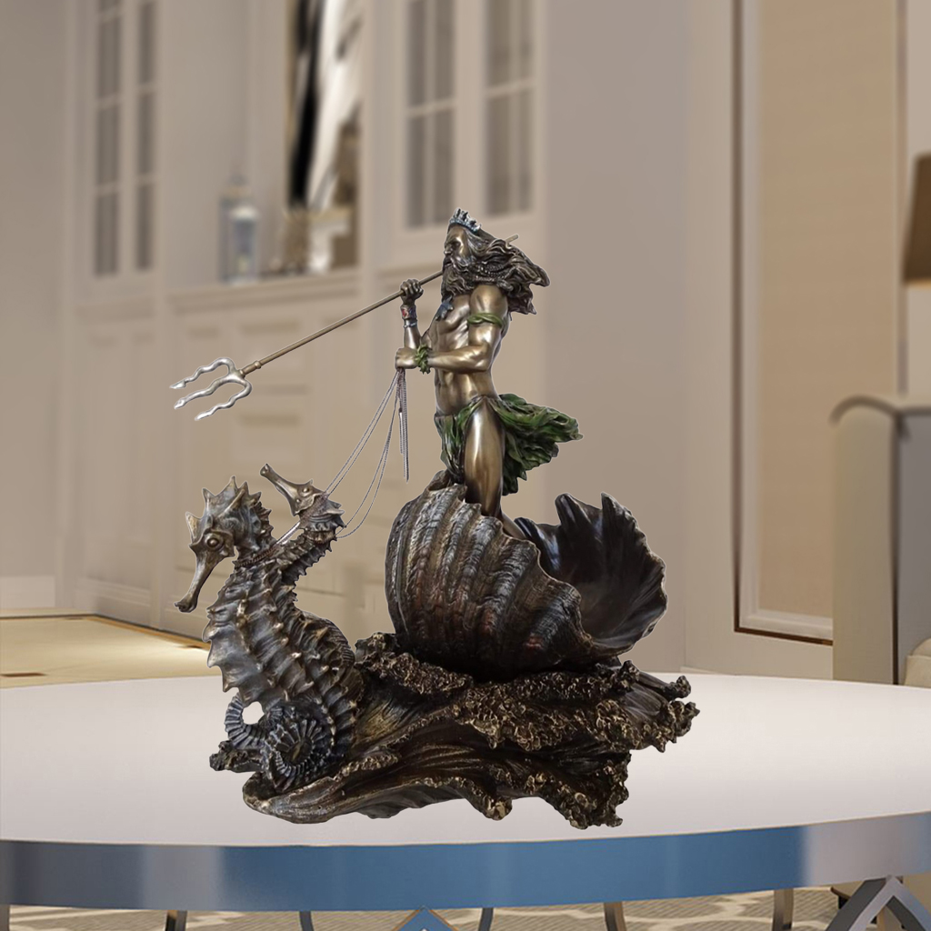 Poseidon Greek God of the Sea Statue Resin Art Peiece Neptune on Seahorse Figurine Wine Cabinet Shelt Bookcase Orament