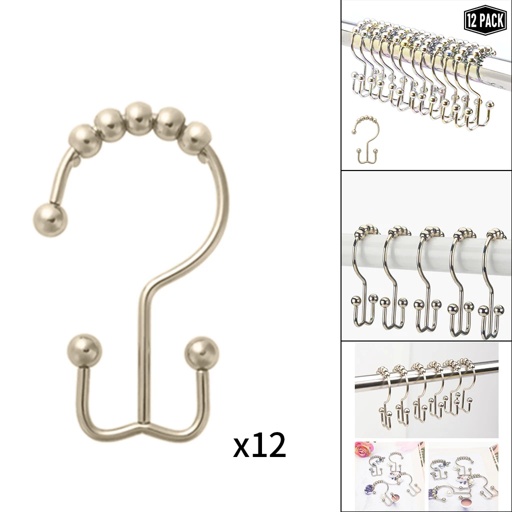 12pcs Stainless Steel Roller Double Sliding Hooks Bath Rollerball Shower Curtains Glide Rings Home Bathroom Accessorie