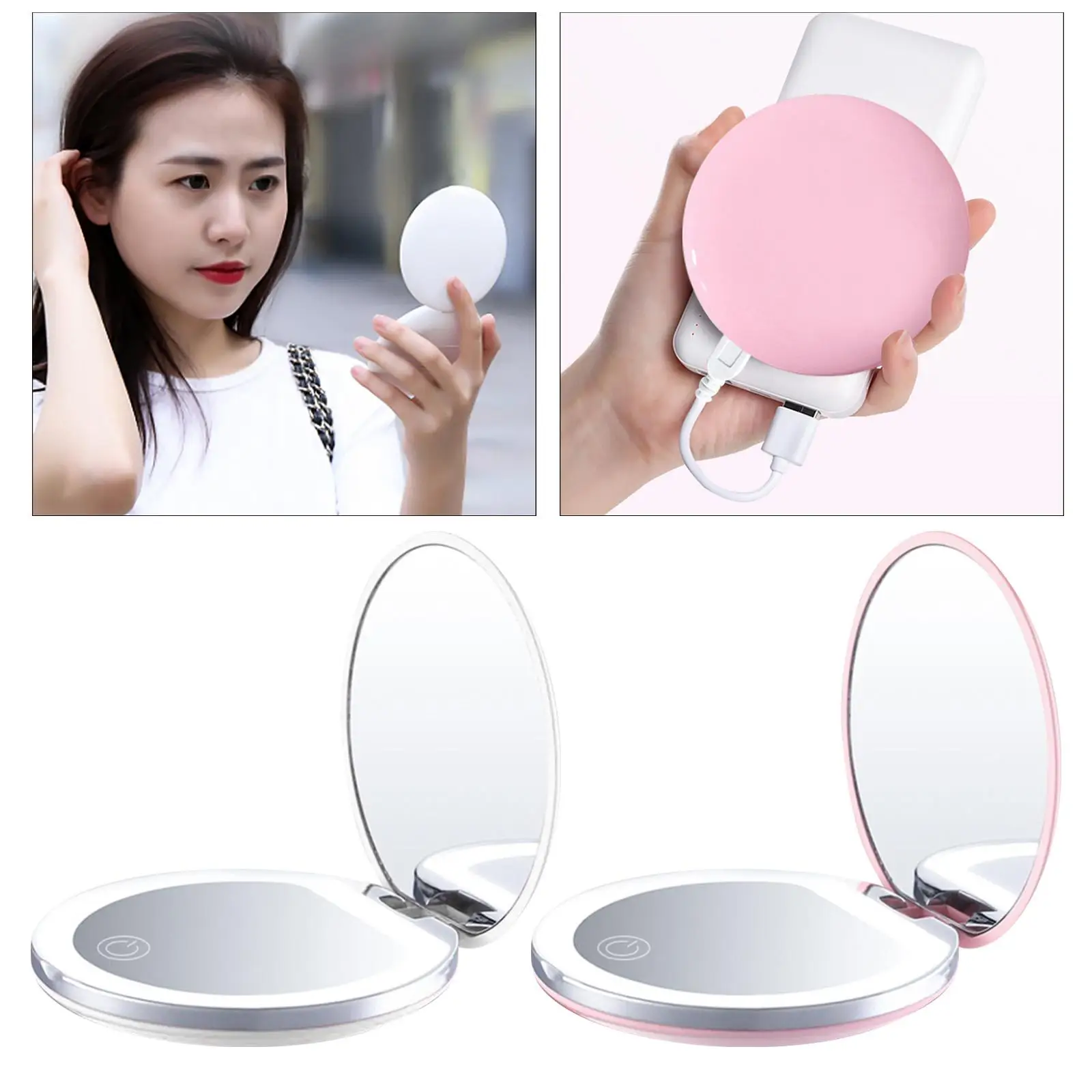Portable Mini Makeup Mirror Compact Pocket USB Chargeable Folding Makeup Mirror with LED Light Cosmetic Mirror for Gift