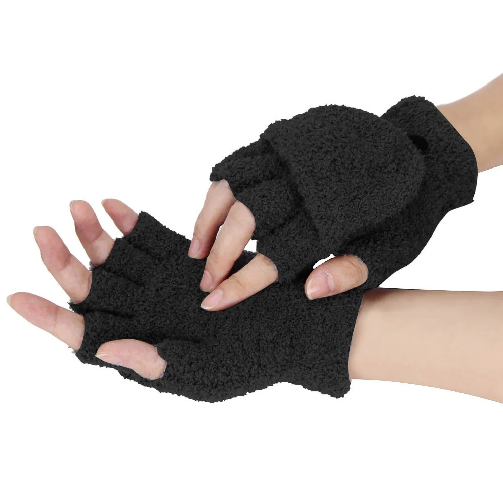 Frauen Winter Warme Verdickung Wollhandschuhe Gestrickt Flip Half Finger 