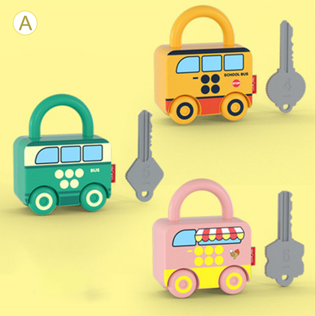 Cartoon Bus Unlocking Paired Toys, Digital Car Locks Keys Matching Educational Set for 4 to 6 Years Children Intelligence Kits