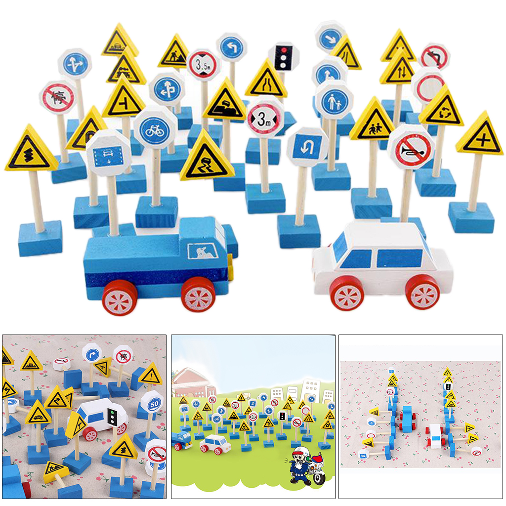 Traffic Signs Wood Wooden Toy Accessories Educational Playset Kids Play Toys
