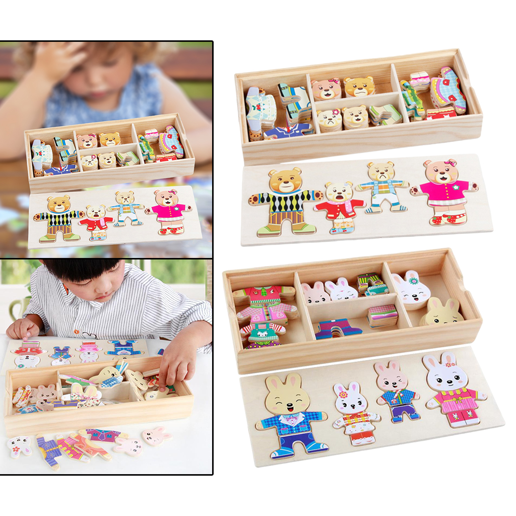 Wooden Puzzle Toy Changing Clothes Dress Up Bears/ Rabbits Sorting Matching Toys