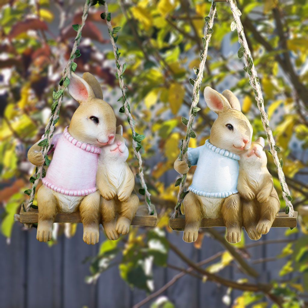Rabbit Statue Hand Painted Sculpture Model Farm Tree Wall Hanging Decoration