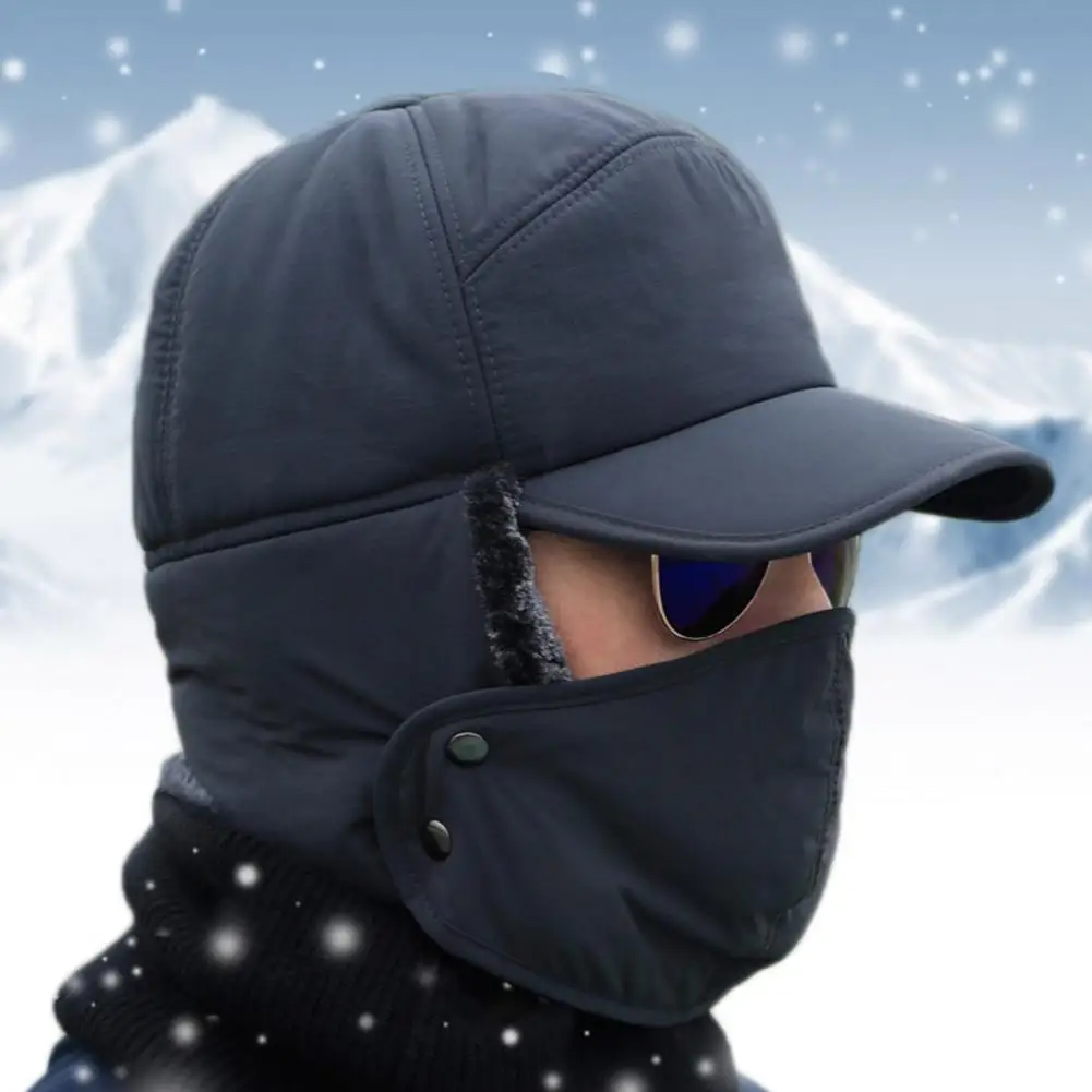 Winter Solid Color Male Windproof Ear Protect Bomber Hats Unisex Thickening Plush Button Cap Warm Windproof Headdress Ski Mask mad bomber trapper hat mens