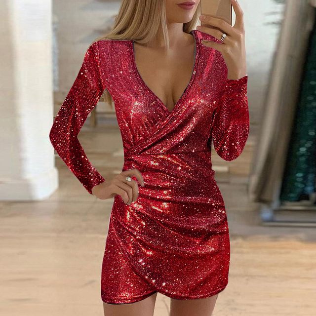 Prata Lantejoulas Vestido De Festa Feminino Sexy Glitter Tecido V Pescoço  Vestidos De Manga Longa Magro Elegante Senhoras Noite Clube Vestido -  Vestidos - AliExpress