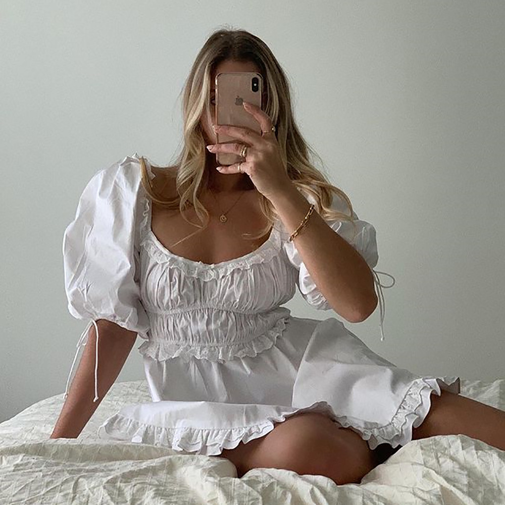 Waliicorners Fashion White Puff Sleeve Backless Ruffle Hem Mini Dress 15 H7b0f50a784f04892a1a25d7d34d1420du