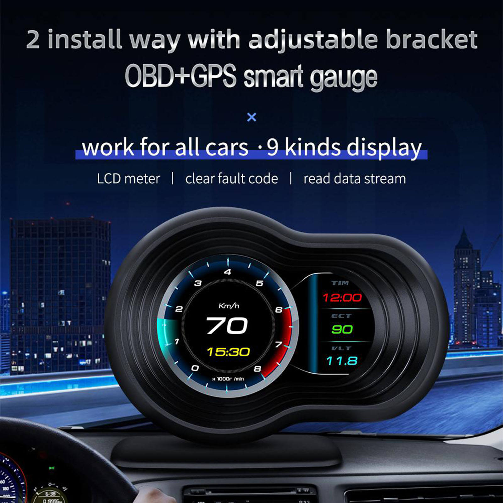 Head up Display Car Hud Display Car Universal Dual System Vehicle Speed MPH KM/h Engine RPM Mileage Measurement Speedometer