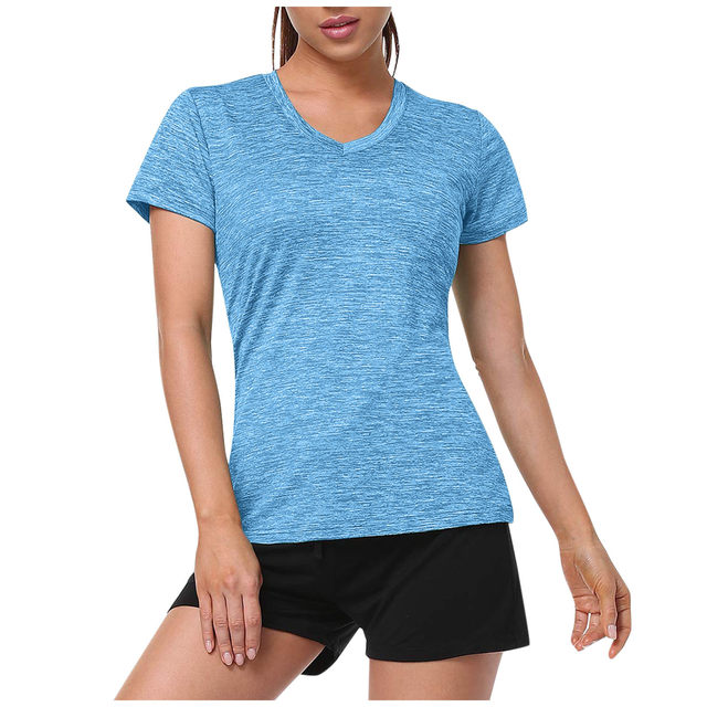  Paquete de 5 camisetas deportivas de manga corta con cuello en  V para mujer, camiseta para yoga de ajuste seco que absorbe la humedad, S :  Ropa, Zapatos y Joyería