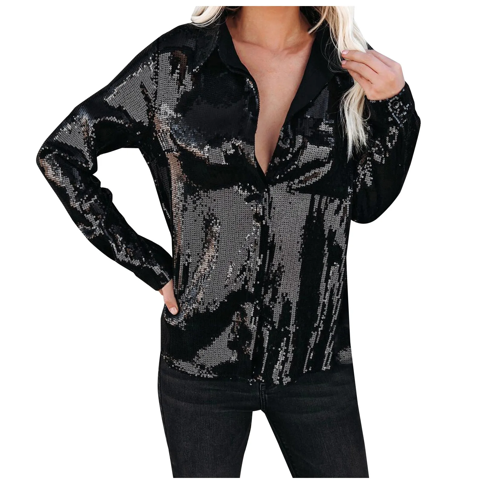 女性のためのスパンコールのついたシャツ,長袖のカジュアルなストリートウェア,ルーズフィット,セクシー,黒 AliExpress レディース衣服
