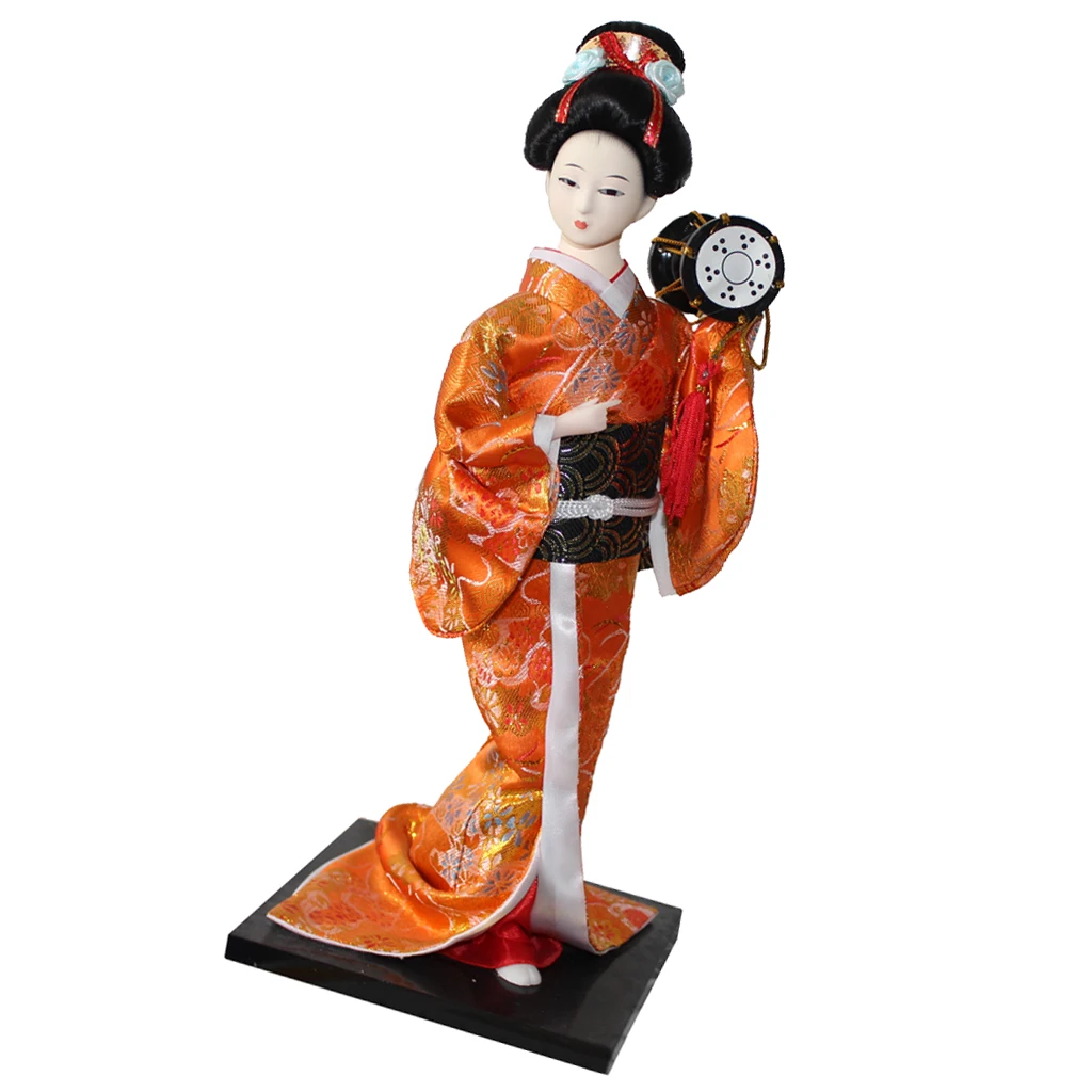 12inch Japanese Kimono Geisha Dolls Kokeshi Crafts Decoration Orange Clothes