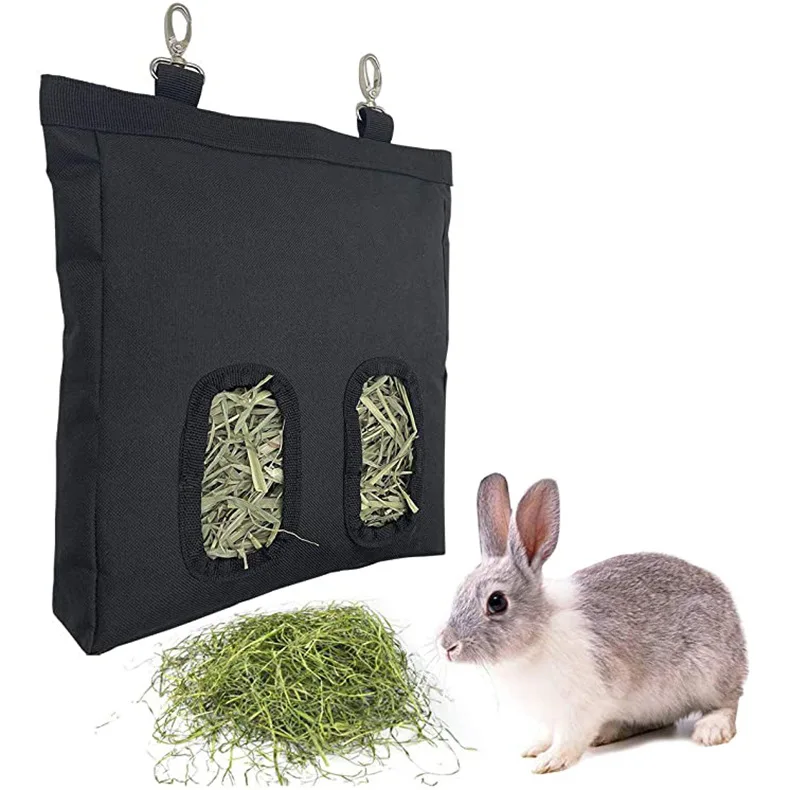 Hay Bag for Guinea Pigs Hanging Feeding Device Oxford Cloth Fabric Pet Feeding Storage Bag with 2 Holes EO-rabbit hay bag Black Coldairsoap Rabbit Hay Feeder Bag 