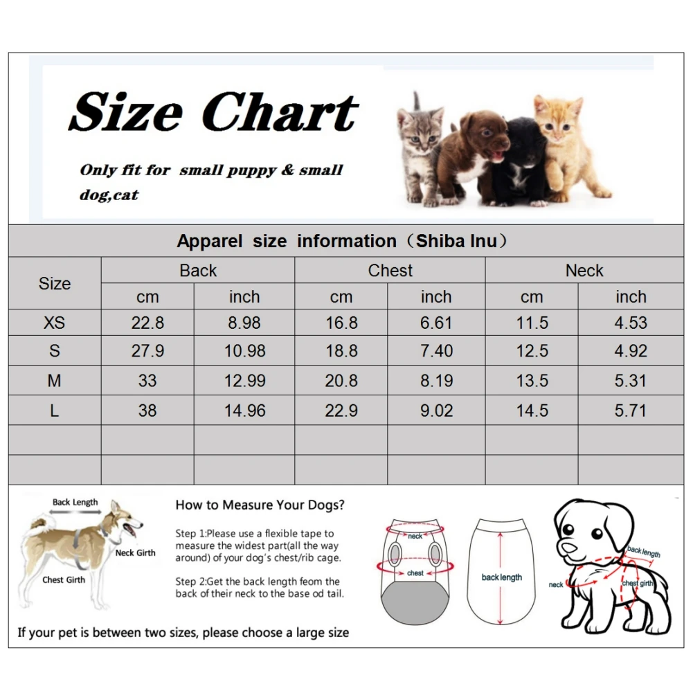 Una tabla de tallas para ropa para mascotas, específicamente para cachorros y perros pequeños. La tabla proporciona medidas en centímetros y pulgadas para la longitud de la espalda, el pecho y el cuello. Incluye cuatro tallas: XS, S, M y L.