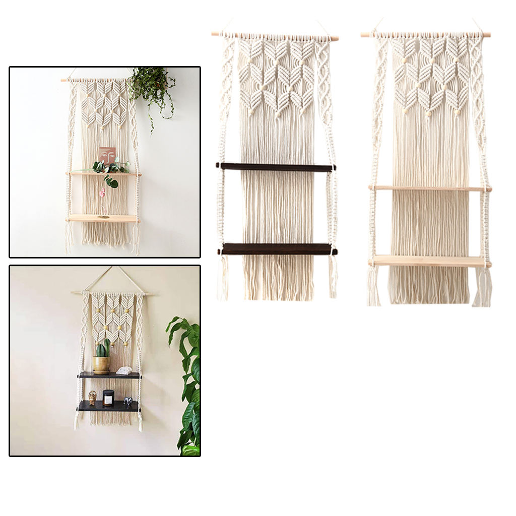 Bohemian Handwoven Tapestry Wall Hanging Shelf Decor 2 Tiers for Living Room Bedroom Picture Frame Home Storage Organizer