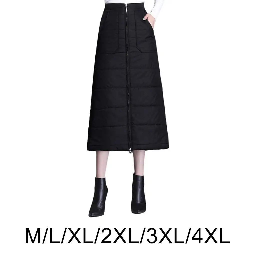 Women`s Skirts Fashion Winter Skirt Windproof Warm Zipper Long Skirt A-line Down Cotton Skirt Black One-Piece Skirt