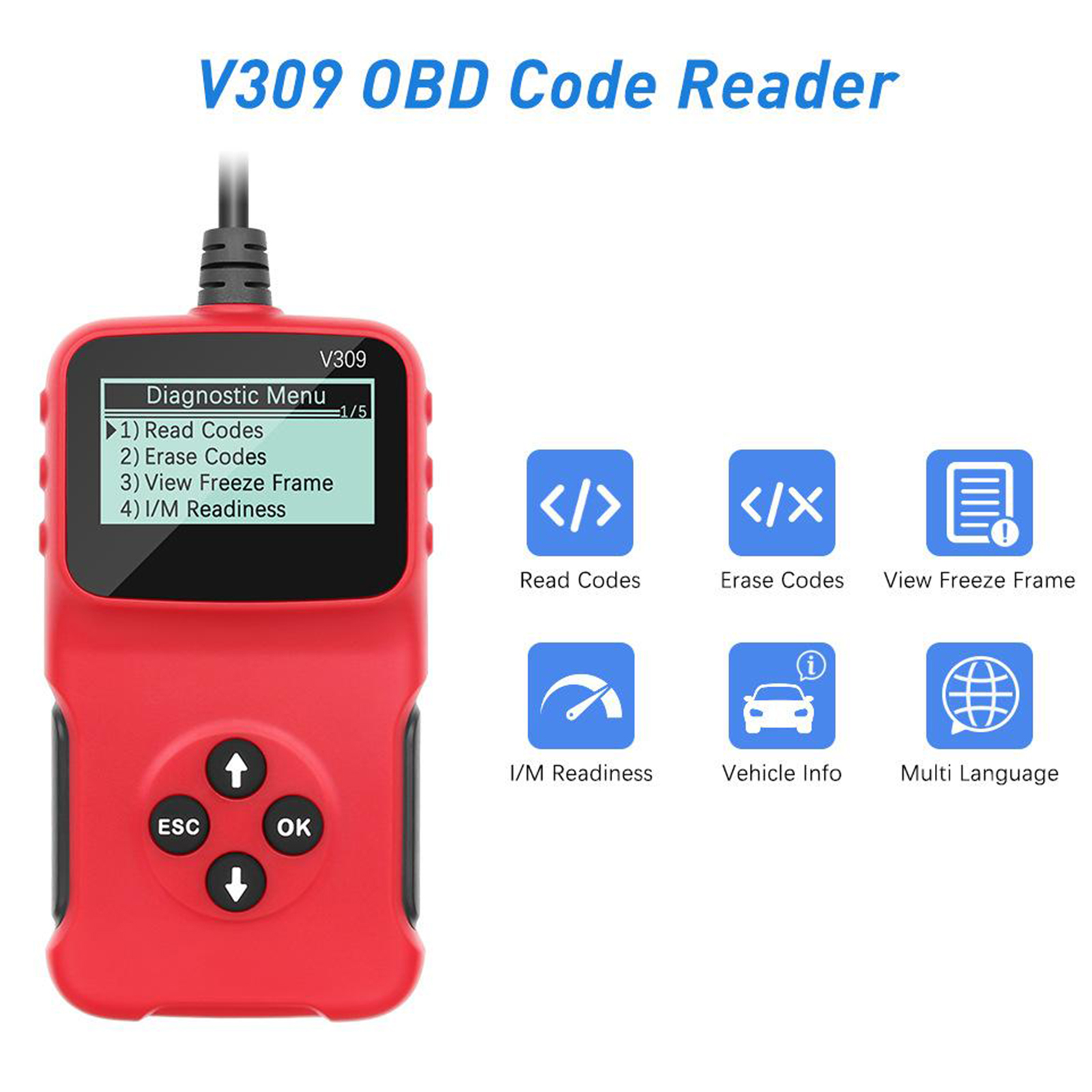  V309 OBD 2 OBDII Car Auto Diagnostic Tool Interface Scanner OBD Code Reader Car Check Engine Fault Diagnostic Tool