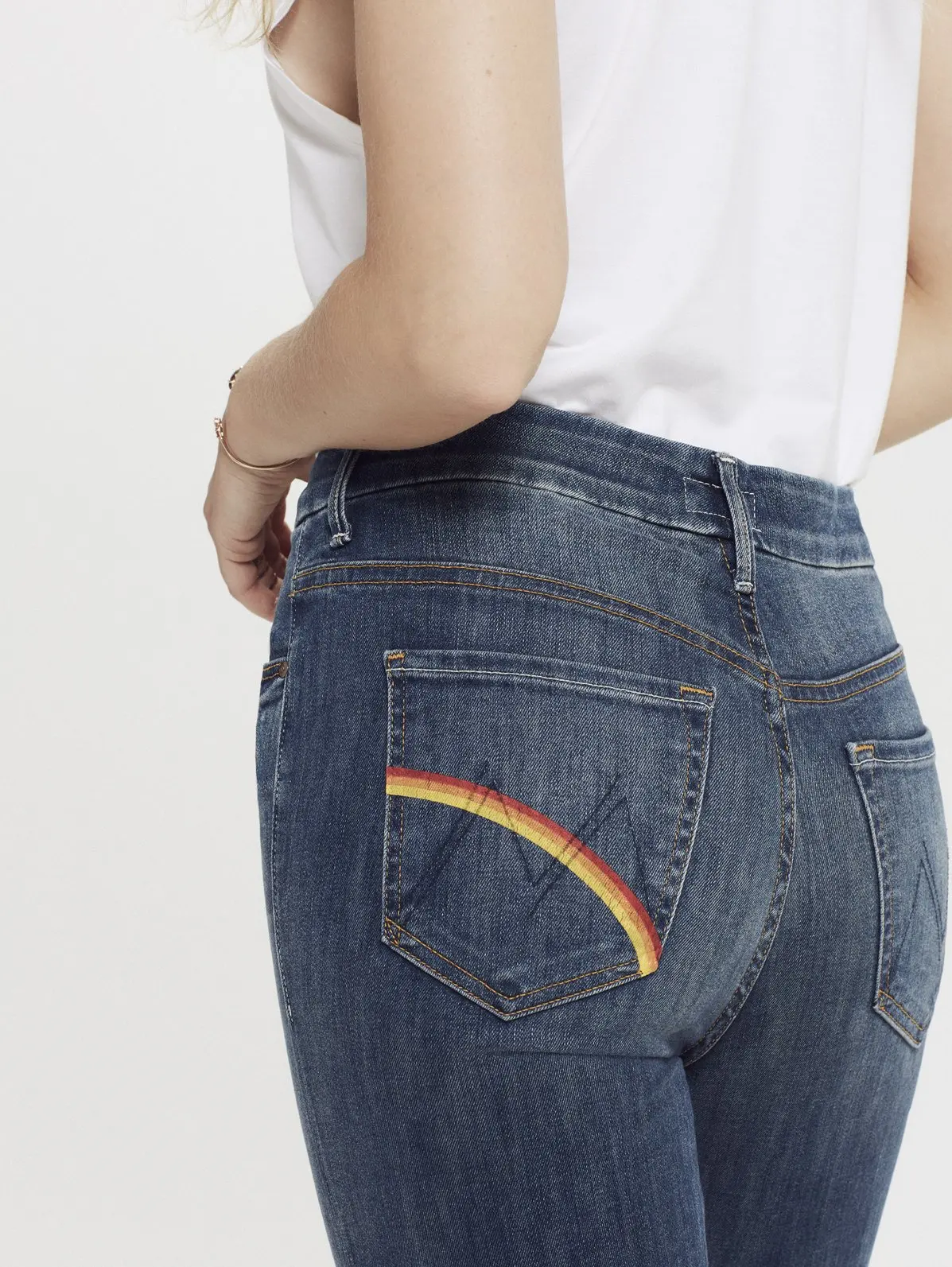 franjas calças tri-color arco-íris bolso calças femininas