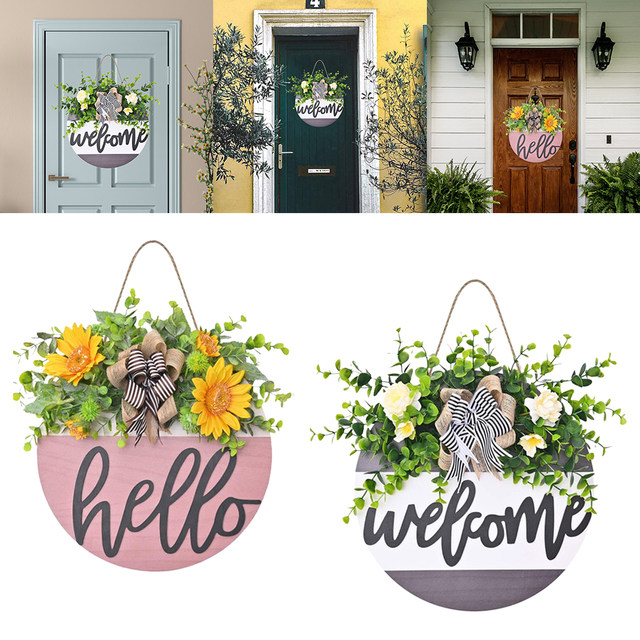 Panneau Bienvenue Bois 30cm - Décoration Porte Entrée Style Bohème - Plantes Artificielles - Cadeau Maison