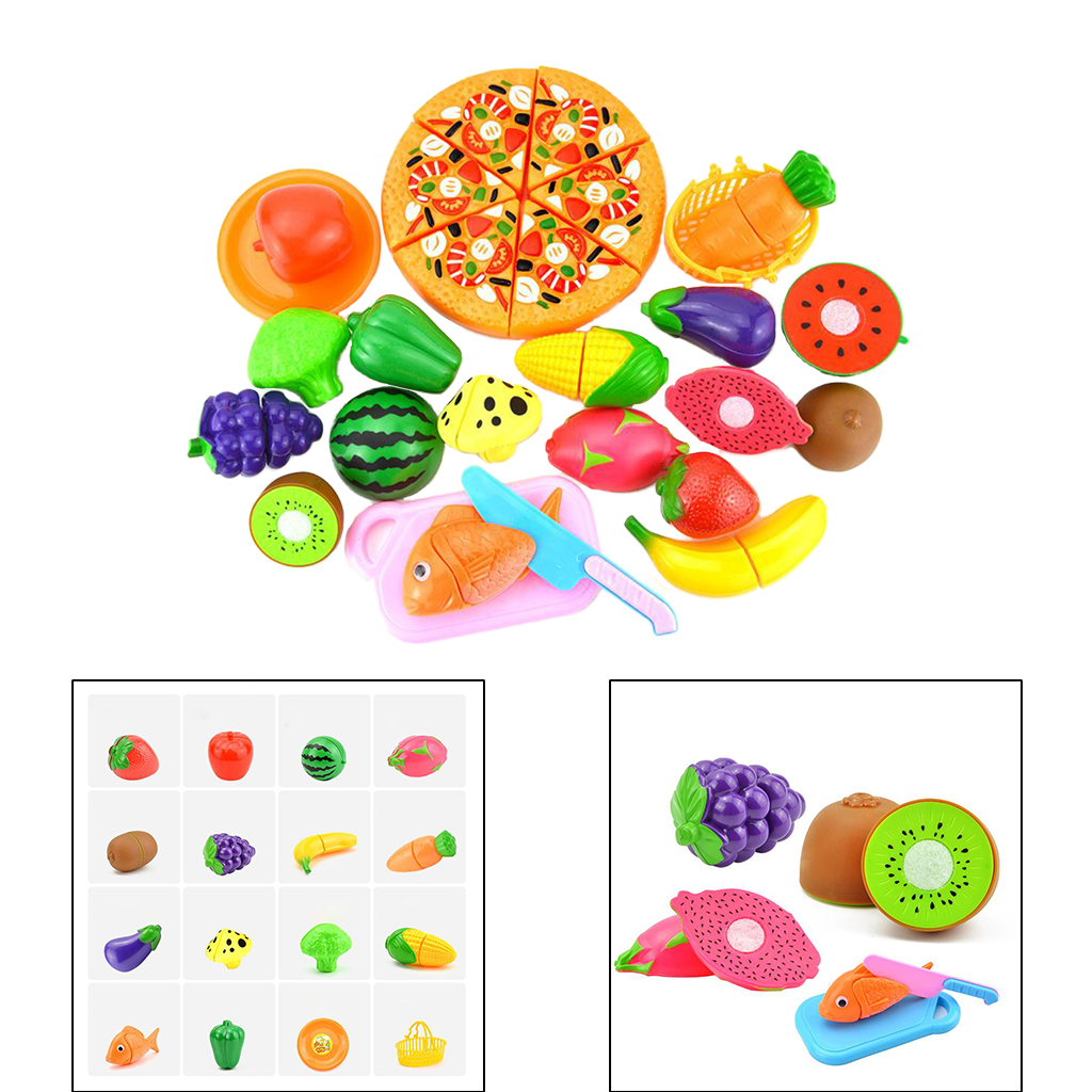 24 Piece Kids Pretend Role Play Kitchen Fruit Vegetable Food Toy Cutting Set Pizza, Strawberry, Mushroom, etc