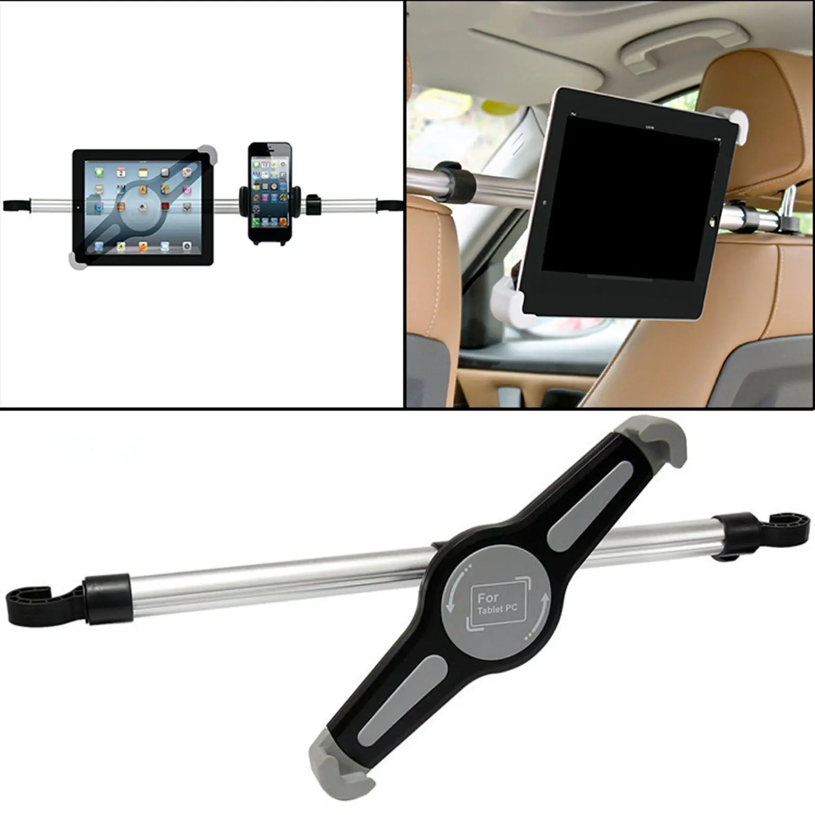 Aluminum Universal Car Headrest Mount Tablet Holder Back Seat 360° Mounts Stand Rubber inside the holder, anti-scratch