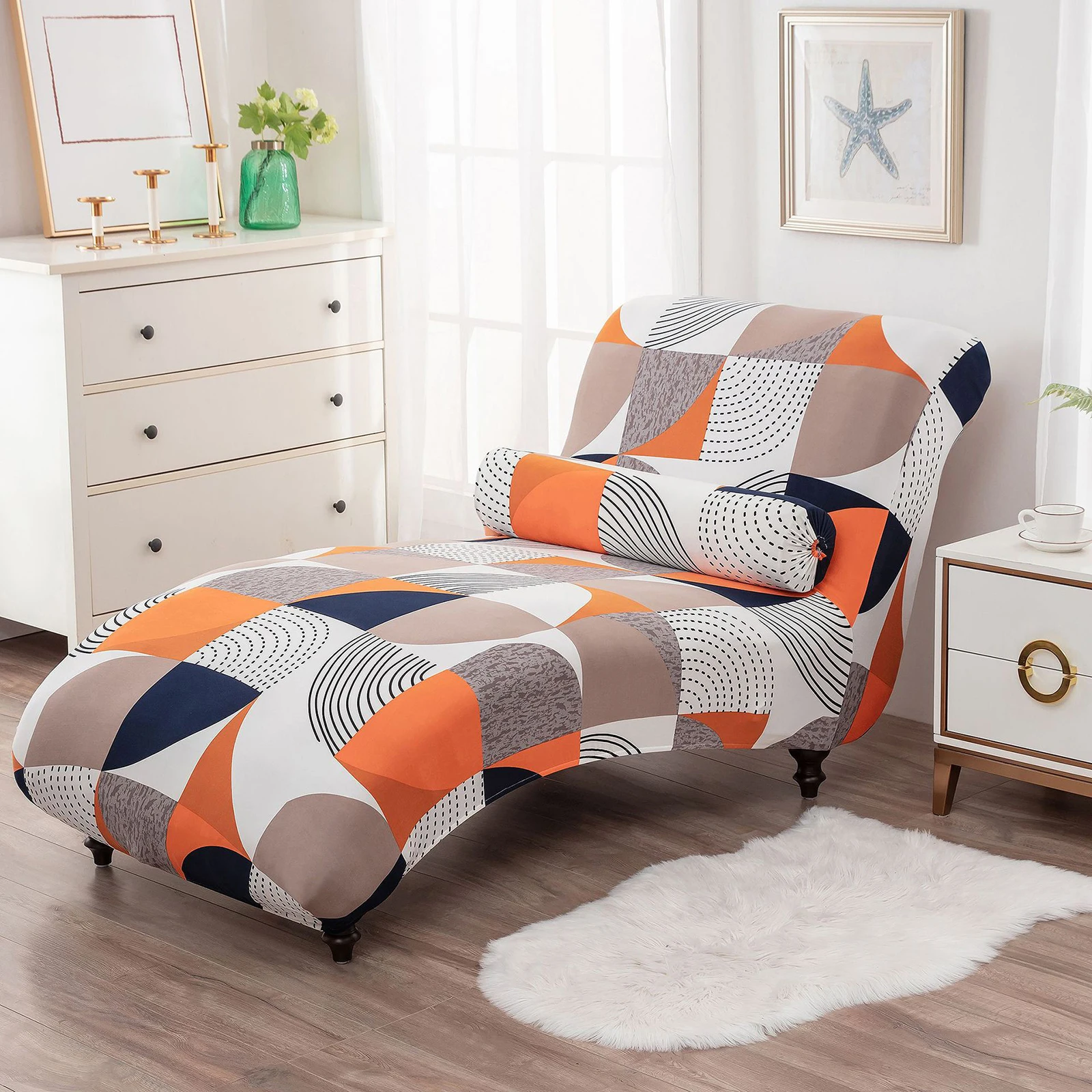 Stretch Chaise Lounge Cover Living Room Bedroom Printing Pattern Armless Chaise Slipcover for Chaise Lounge Machine Washable