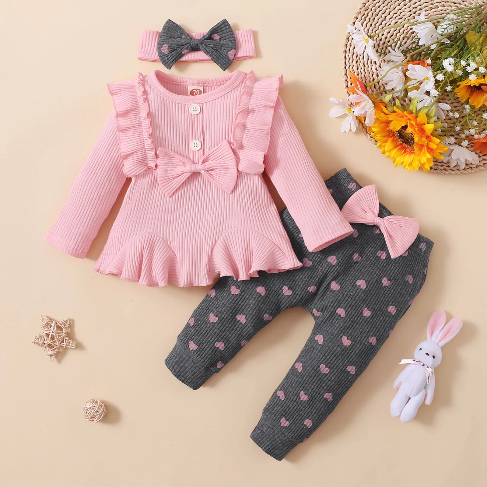 Spring Summer Toddler Baby Girls Casual Clothes Set Solid Lovely Infant Outfits Long Sleeve Tops Bow Pants Girls Clothing Set baby girl cotton clothing set
