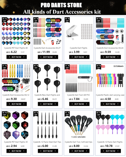 CyeeLife Dart Accessories Kit - 36 Flights, 24 PVC Shafts, Sharpener, Remover Tool, 50 Metal Rings & 16 Protectors