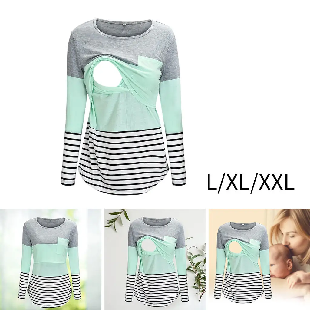 Womens Maternity T-Shirt Lift-up Striped Round Neck Long Sleeve Cotton Layered Design Pregnancy Clothes Nursing Tops