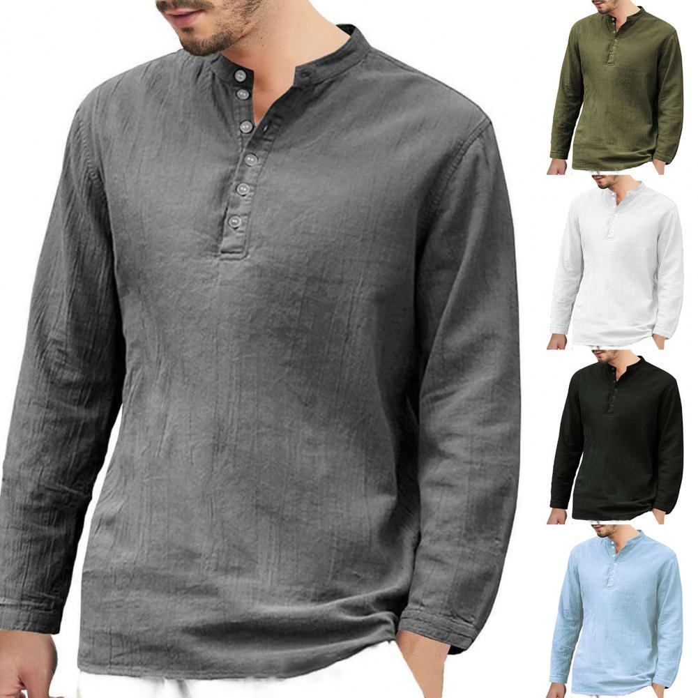 Men's Vikings Nordic Style Long-Sleeved Solid Color Cotton Linen Stand-Up Collar Shirts