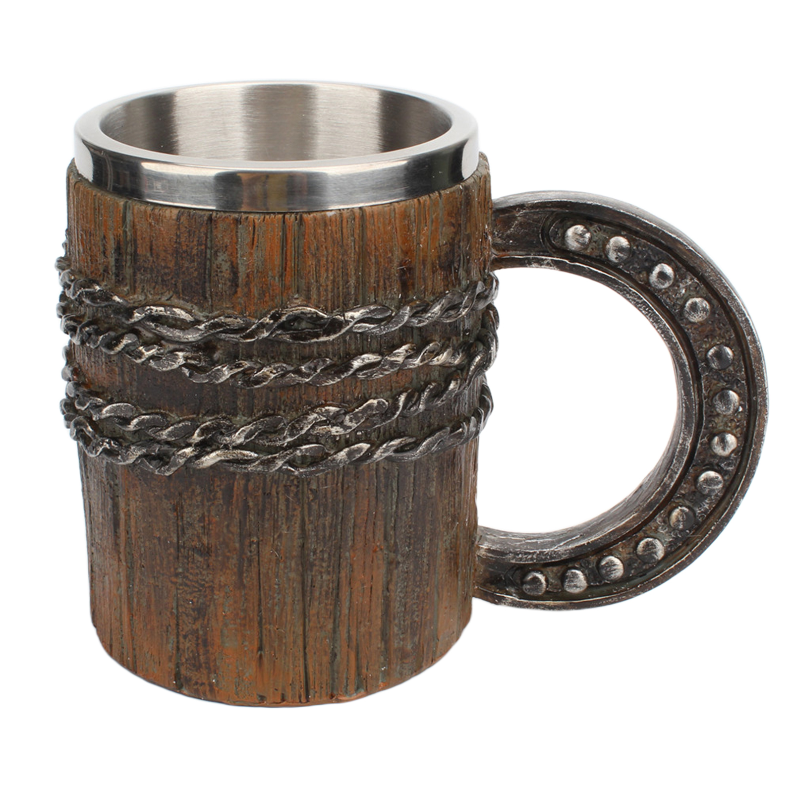 Creative Simulation Wooden Barrel Shape Beer Mug Stainless Steel Drinking Cup with Handle Coffee Drinkware