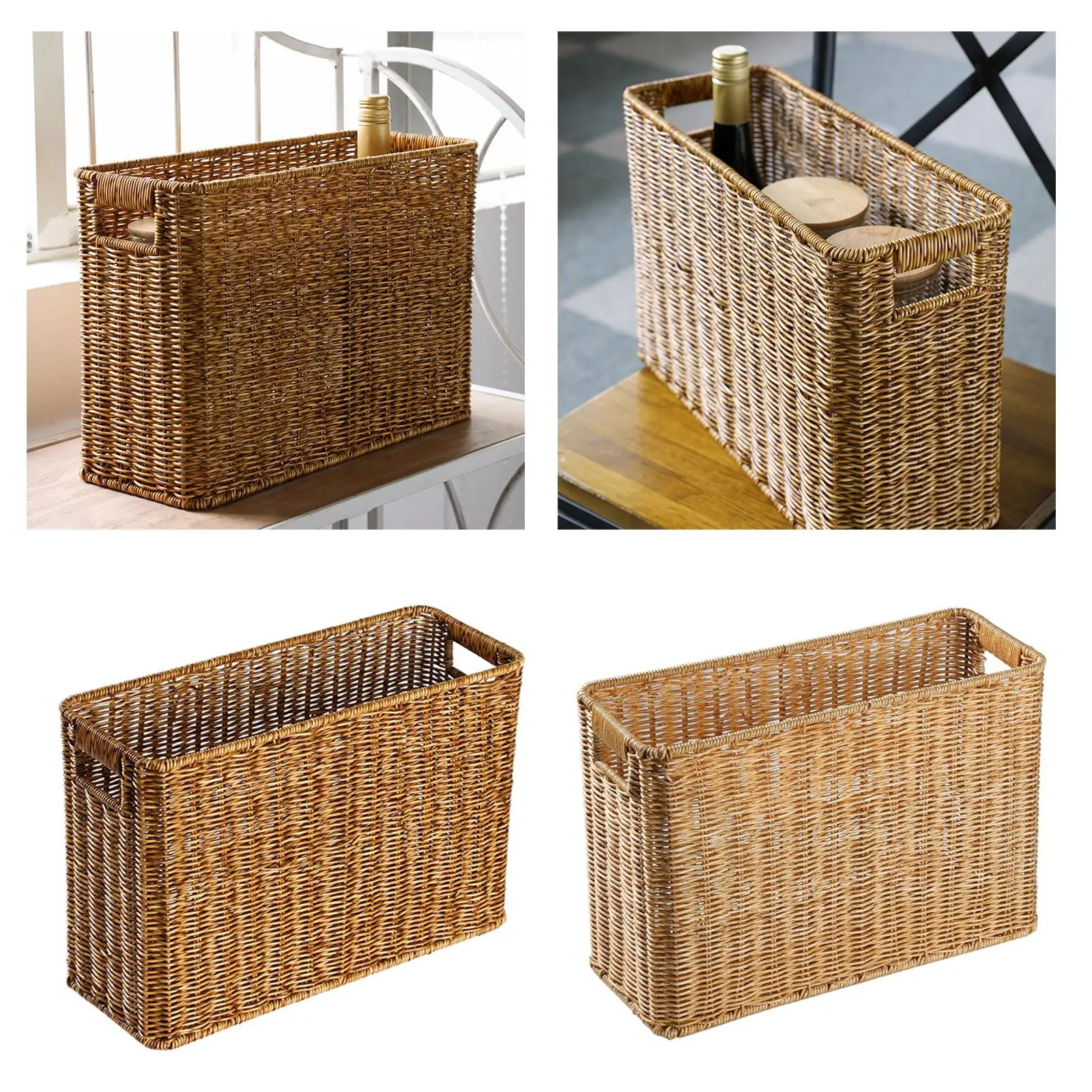 Rattan-Like Magazine Basket Containers Multifunctional Rectangle with Handles Basket Storage for Magazine Newspaper Cabinets