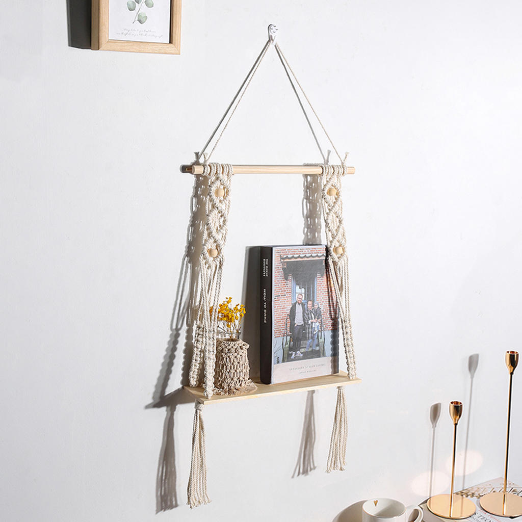 Chic Macrame Wall Hanging Shelf Woven Display Rack Home Storage Magazines Flower Pot Wood Shelf Hanger Organizer Decor