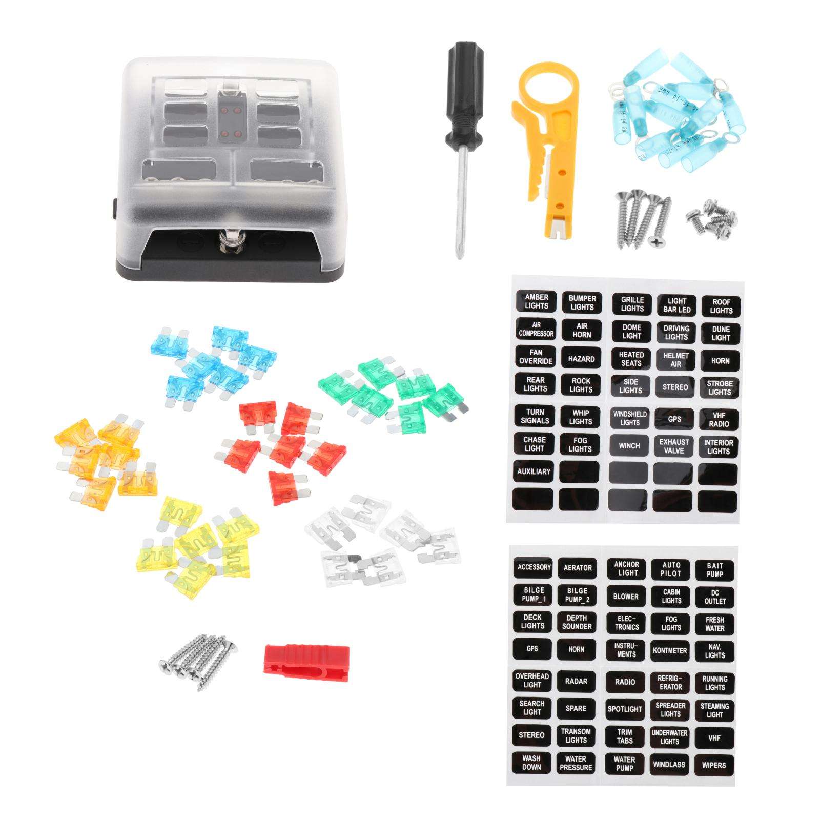 Car LED Fuse Box PBT with Protection Cover Damp-Proof Atc/Ato 6 Way Blade Fuse Block Fit for ship Automotive Yacht Truck RV Van